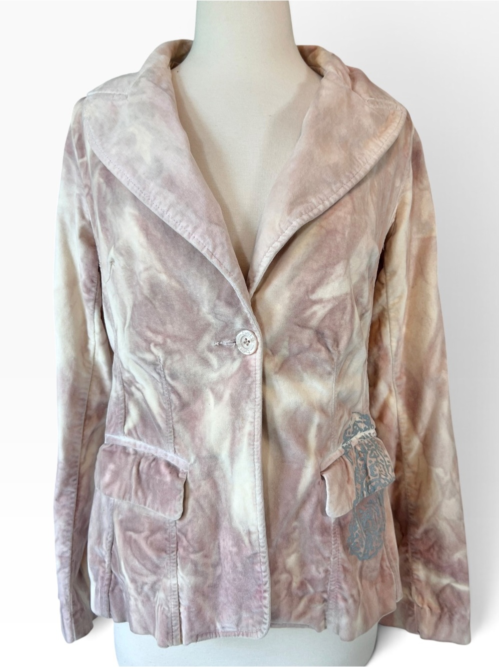 Vintage bebe Velvet Blush Tie Dye Paisley Single Button Y2K Grunge Blazer